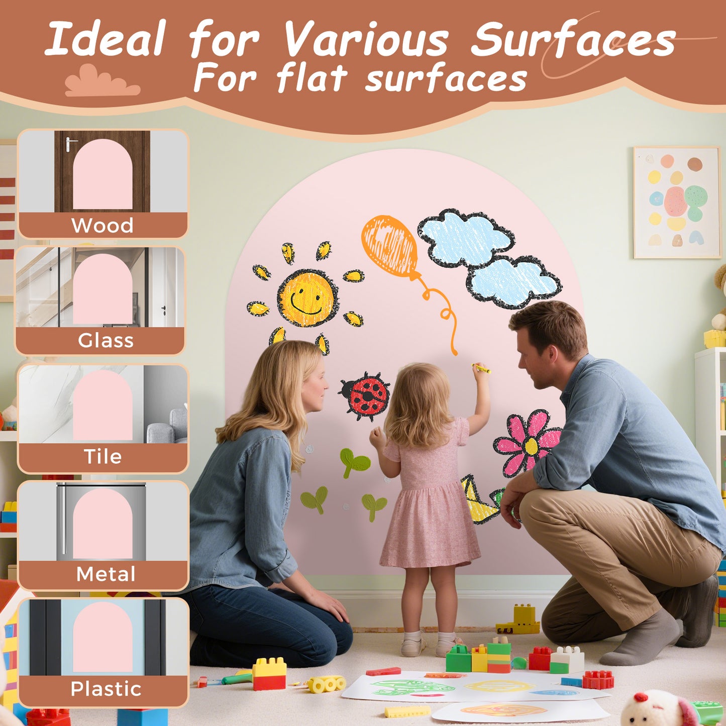 Tableau Magnétique Enfant 3 en 1 – Panneau Mural Auto-Adhésif avec Craies – Tableau Éducatif Montessori
