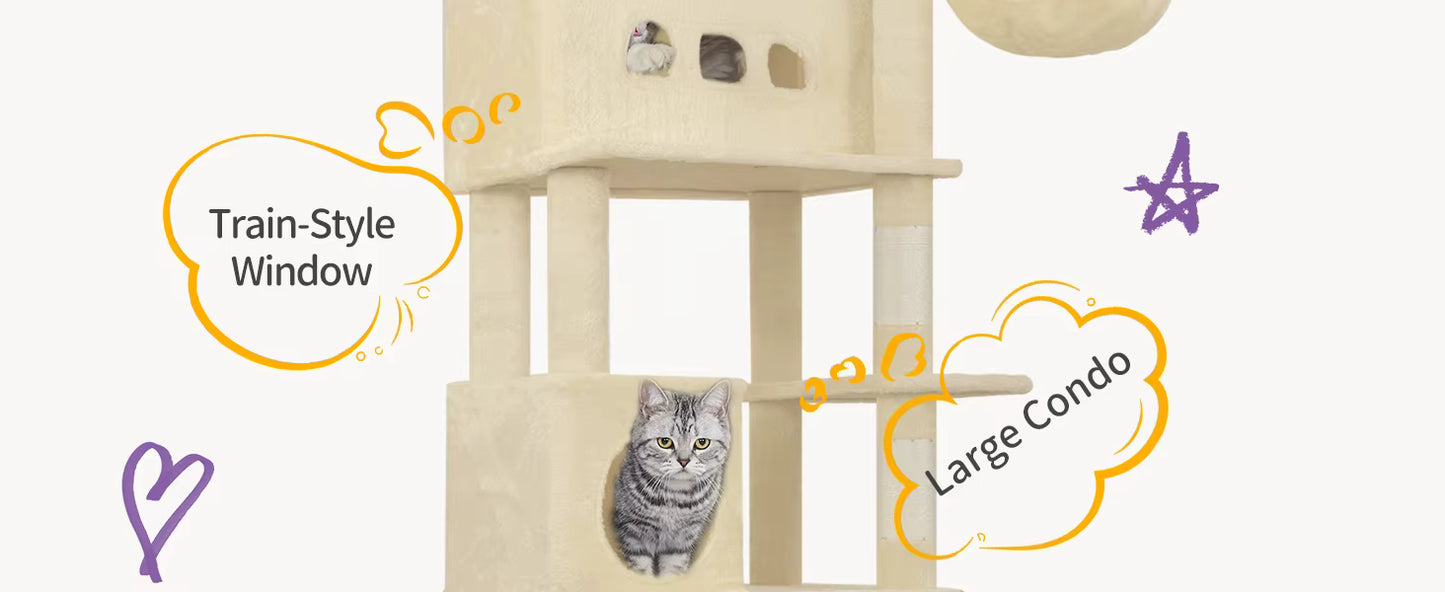 Grand Arbre à Chat 210 cm – Griffoir pour Chat avec Plateformes, Grottes et Hamac – Poteaux à Griffer – Arbre à Chat Stable pour Intérieur