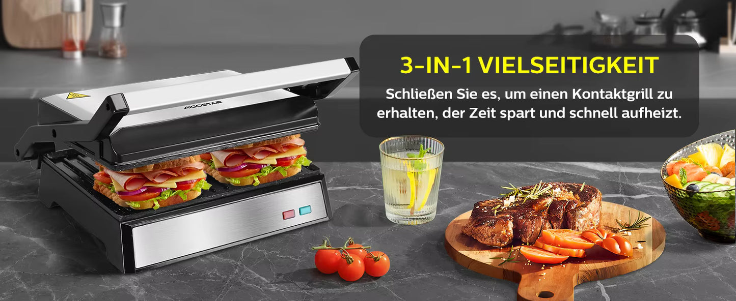 Grill Panini 1500W – Plaques Antiadhésives, Presse Sandwich, Cuisson Double Face, Bac Récupérateur Graisse, Ouverture 180°, Cuisine Rapide