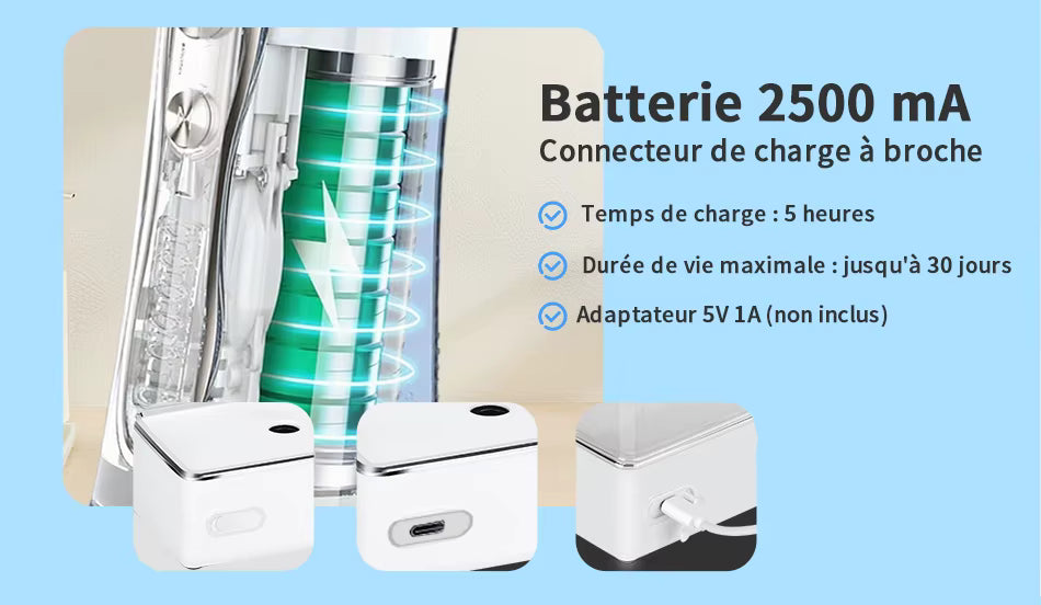 Hydropulseur dentaire portable 570ML – Irrigateur buccal USB rechargeable, 6 modes, 5 embouts, nettoyage interdentaire haute pression