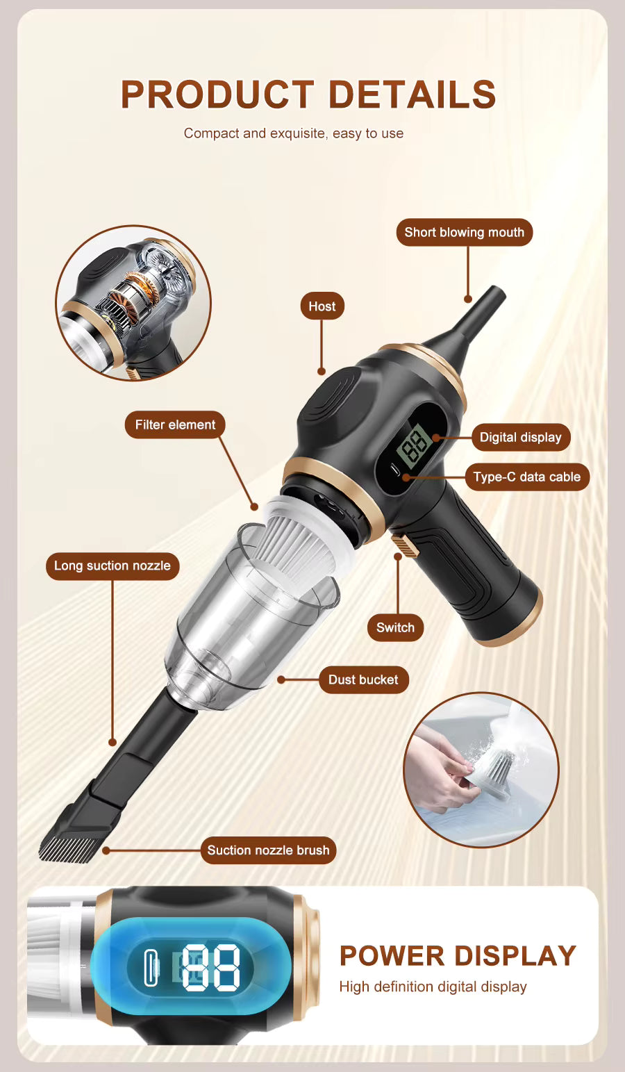 Aspirateur de voiture sans fil haute puissance portable
