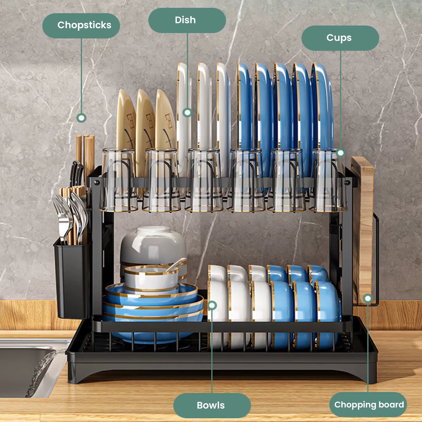 Égouttoir à Vaisselle 2 Niveaux Rotatif 360° – Support de Rangement Cuisine avec Plateau de Drainage – Égouttoir à Bec Pivotant – Couleur Noir