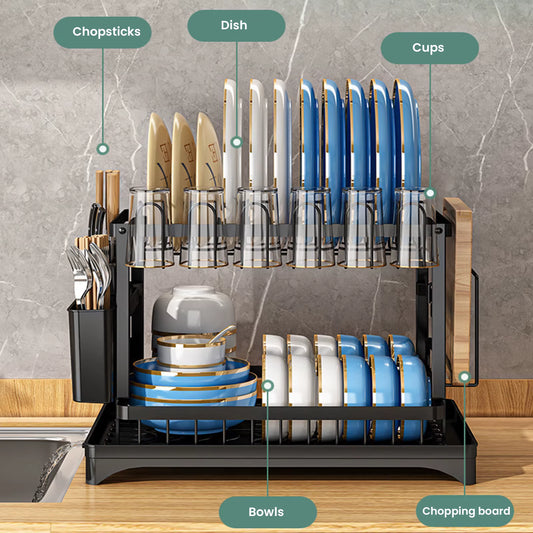 Égouttoir à Vaisselle 2 Niveaux Rotatif 360° – Support de Rangement Cuisine avec Plateau de Drainage – Égouttoir à Bec Pivotant – Couleur Noir
