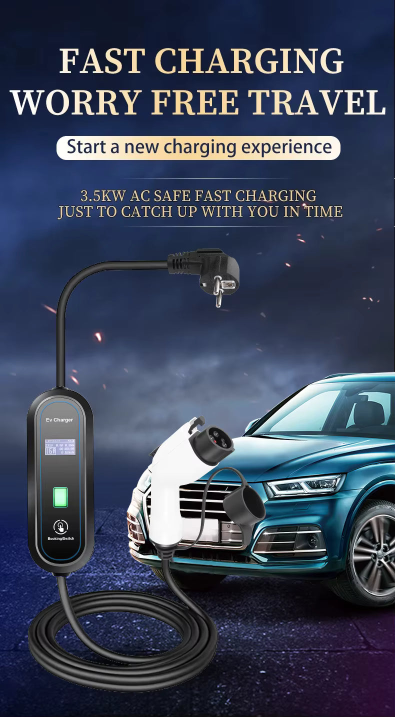 Chargeur Portable Voiture Électrique Type 2 3.5KW 16A – Câble Recharge EV IEC 62196-2 – Station de Charge Rapide EVSE pour Véhicules Électriques