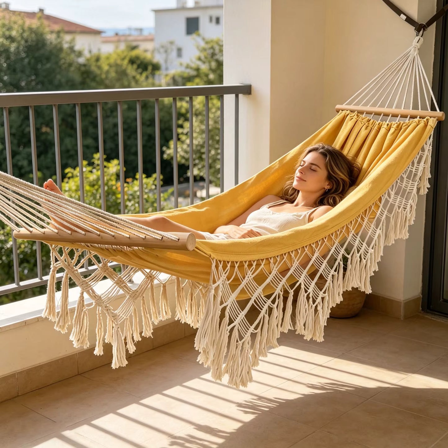 Hamac de Jardin 2 Places avec Franges – Hamac Suspendu Robuste pour Extérieur, Terrasse, Camping, Balcon et Détente en Plein Air
