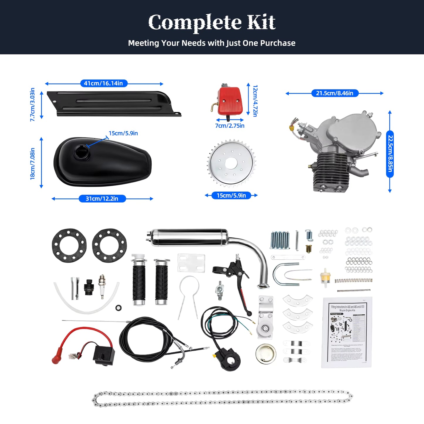 Kit moteur thermique 100cc pour vélo – Moteur 2 temps essence complet, monocylindre refroidi par air, kit conversion vélo en vélo motorisé 36/44 dents