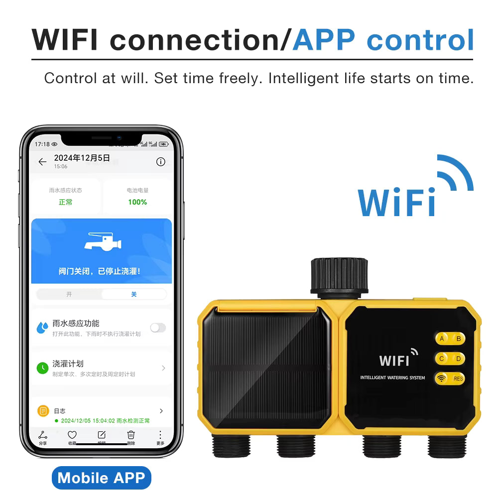 Système d’Irrigation Solaire Intelligent WiFi 4 Sorties avec Écran LCD – Programmateur d’Arrosage Automatique Jardin Extérieur Minuterie Connectée Étanche