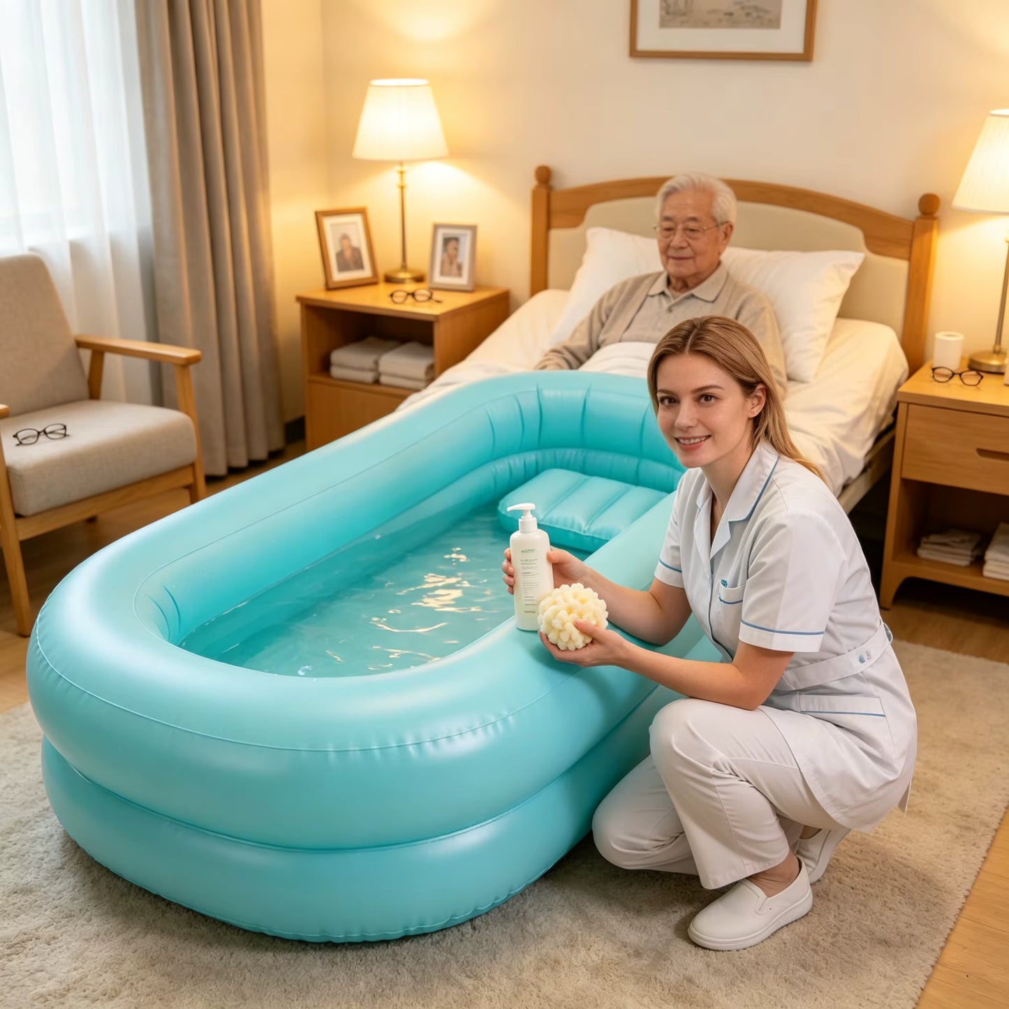 Baignoire Gonflable Médicale pour Lit avec Pompe Électrique – Kit Douche au Lit – Personnes Âgées, Handicapées & Convalescentes – 212 x 96 x 37 cm