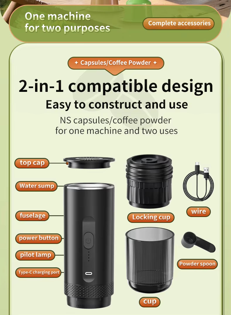 Machine à Café Portable Sans Fil – Cafetière Rechargeable USB-C 2 en 1 Capsules & Café Moulu, 20 Bars Pression, Idéale Voyage Camping Voiture
