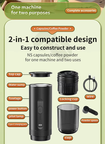 2-in-1 Cordless Portable Coffee Maker – 20 Bar USB-C Rechargeable – Compatible with Capsules & Ground Coffee – Travel Camping Car