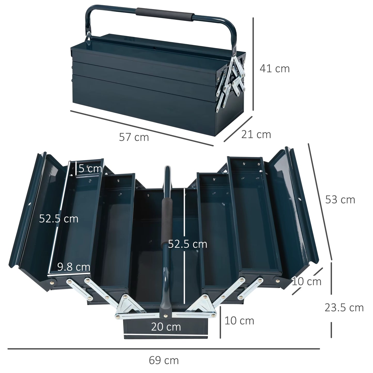 Boîte à outils pliable en acier avec 5 compartiments – Boîte de rangement pour artisanat et réparations – 57 x 21 x 41 cm