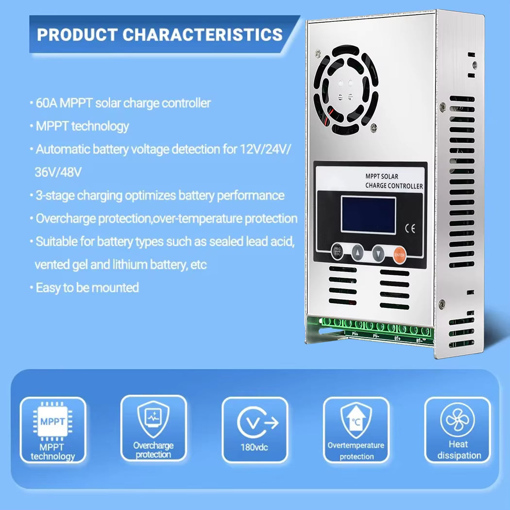 Régulateur de Charge Solaire MPPT 60A 12V-48V – Contrôleur Panneau Solaire avec Écran LCD