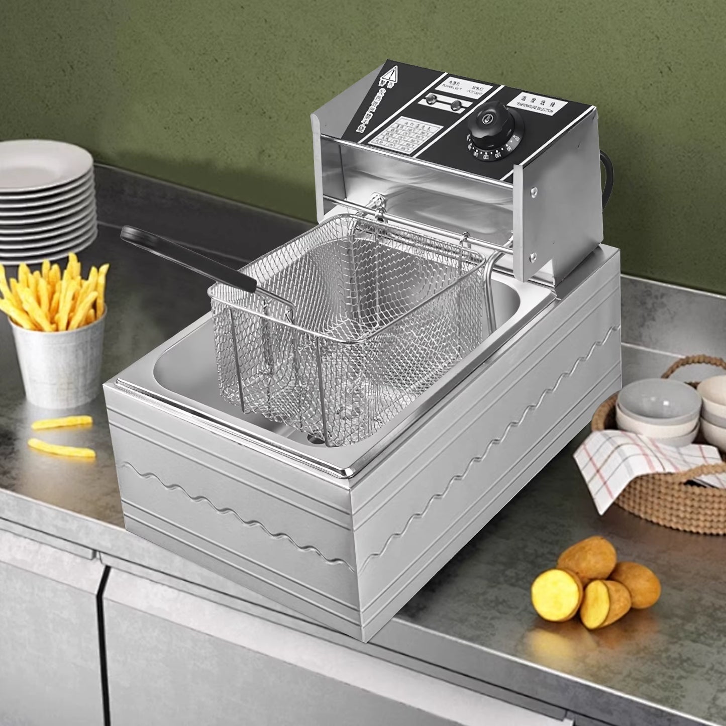 Friteuse Électrique Professionnelle 6L Inox Simple Cuve avec Panier – Contrôle Température – Cuisine Restaurant