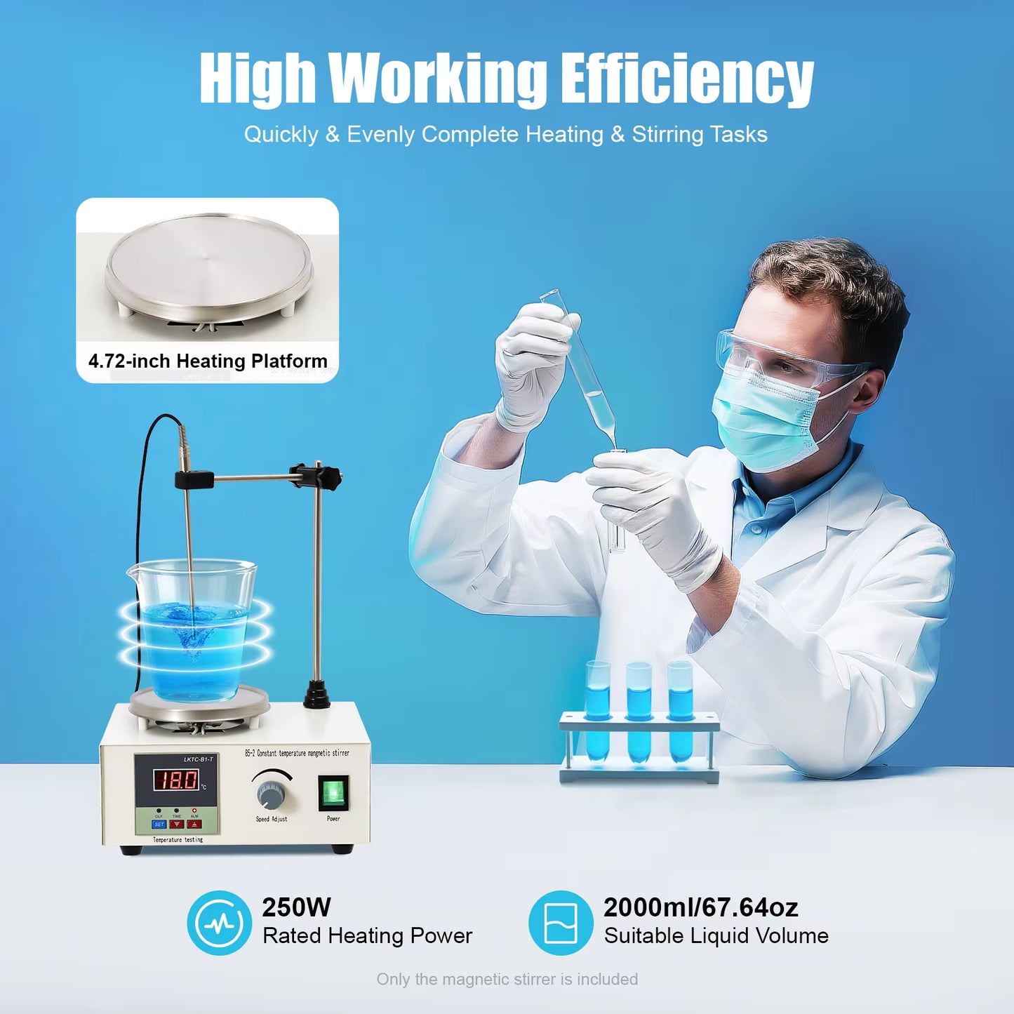 Agitateur Magnétique Chauffant 250W – Plaque Chauffante avec Contrôle Température et Vitesse – Mélangeur de Laboratoire Numérique 2000 ml