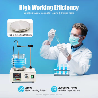 Agitateur Magnétique Chauffant 250W – Plaque Chauffante avec Contrôle Température et Vitesse – Mélangeur de Laboratoire Numérique 2000 ml