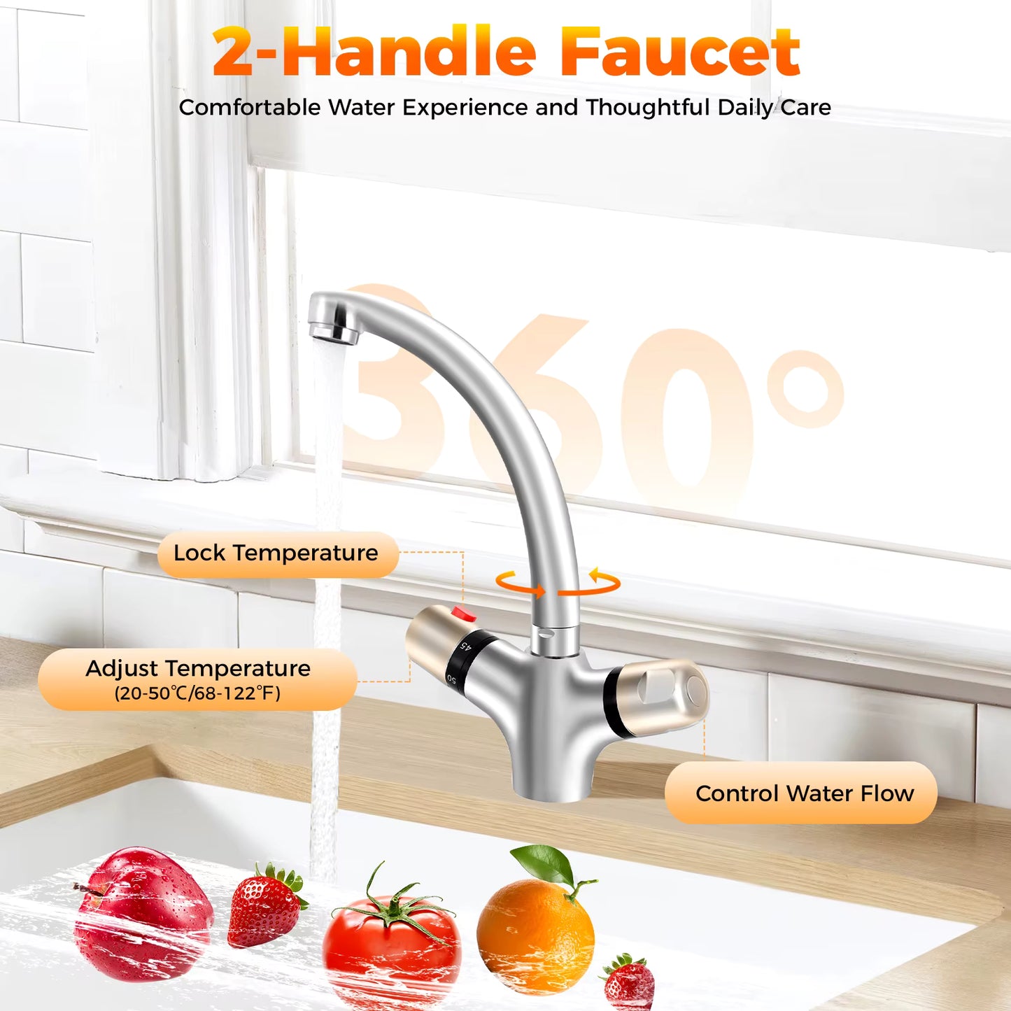 Robinet Mitigeur 360° Température Constante – 2 Poignées Chaud/Froid – Valve en Cuivre