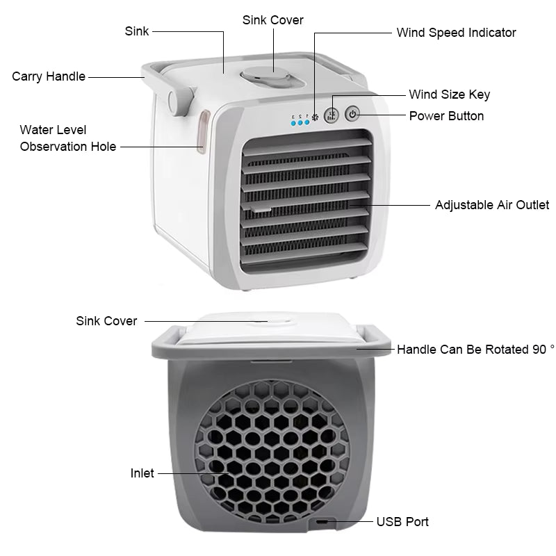 Mini Rafraîchisseur d’Air USB Portable – Ventilateur Refroidisseur Personnel Silencieux – Mini Climatiseur de Bureau Rechargeable – Refroidissement Été Maison Chambre Bureau – Blanc