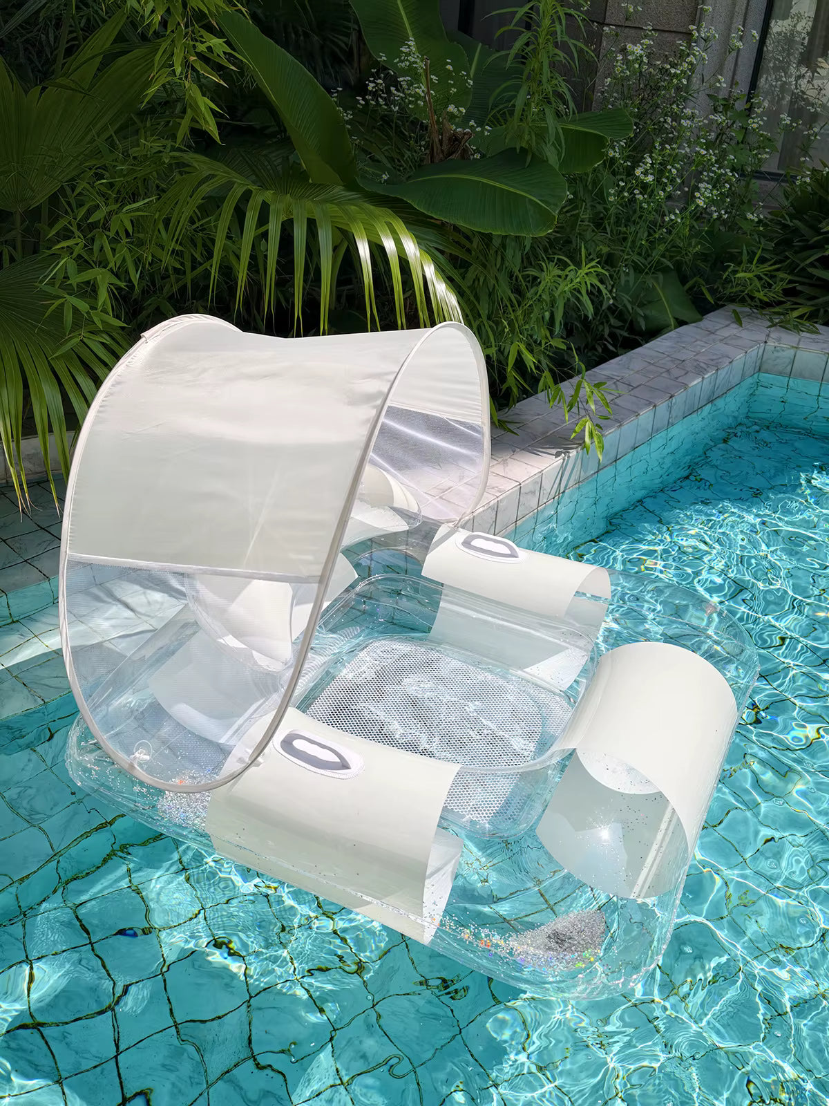 Fauteuil Flottant Gonflable avec Pare-Soleil Amovible – Matelas Piscine Adulte | Transparent Blanc