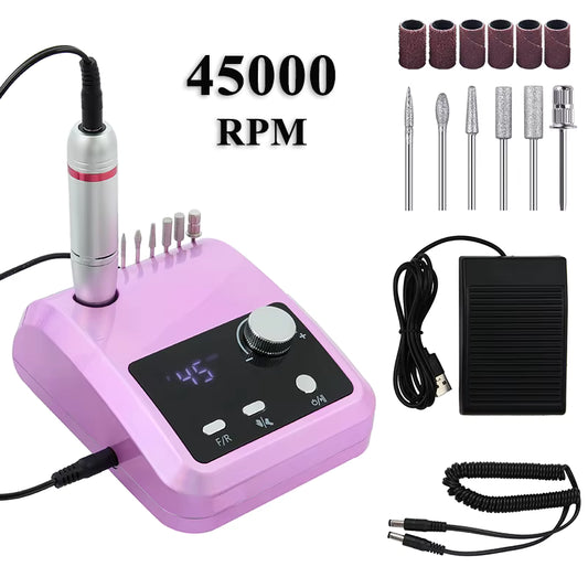 Ponceuse à Ongles Professionnelle 45000 RPM avec Écran LCD – Nail Drill Électrique 30W avec Pédale et Embouts – Manucure Gel UV