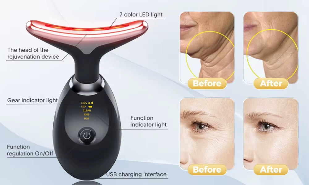 Masseur Facial EMS Chauffant LED – Appareil Beauté Anti-Âge pour Visage et Cou – Thérapie Photonique Raffermissante – Anti Double Menton – Recharge USB