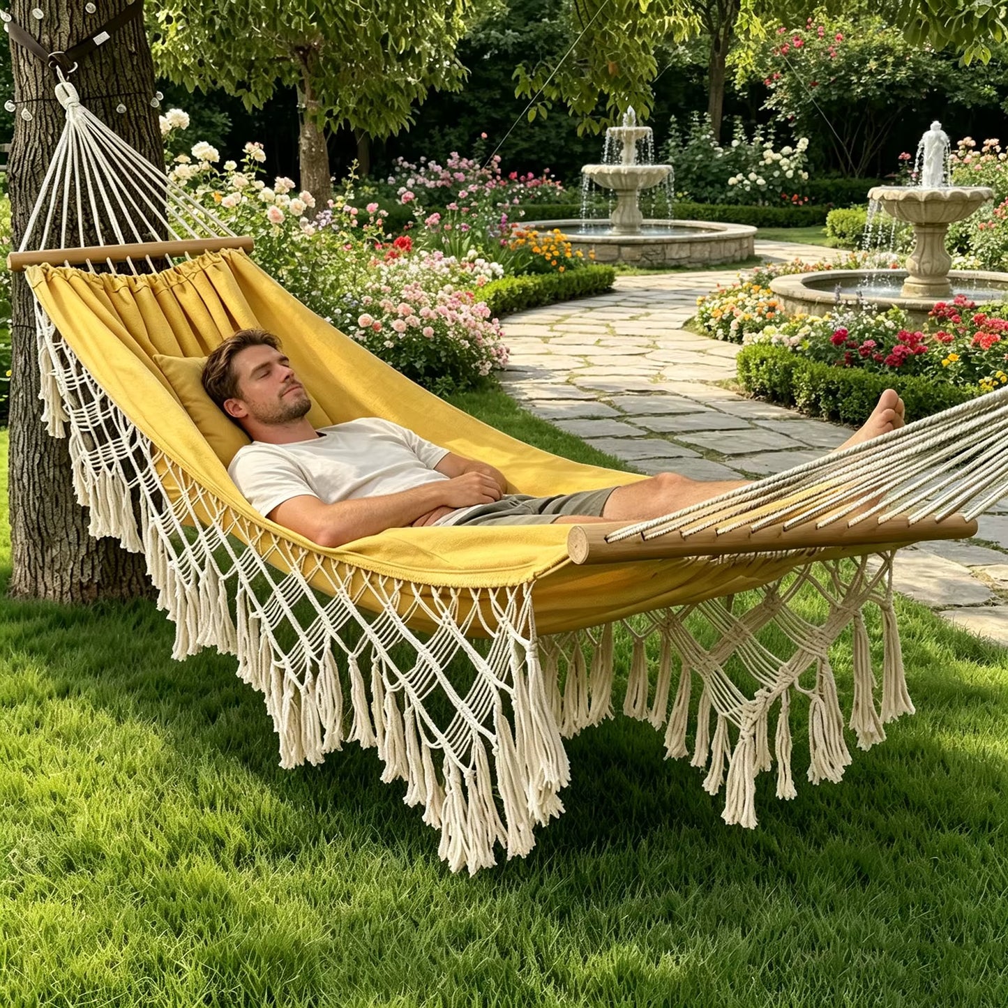 Hamac de Jardin 2 Places avec Franges – Hamac Suspendu Robuste pour Extérieur, Terrasse, Camping, Balcon et Détente en Plein Air