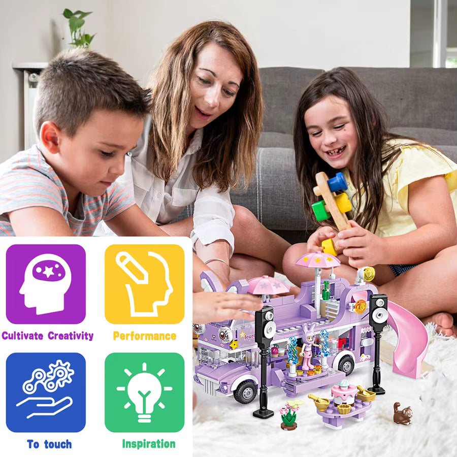Bus Lapin Étoilé en Blocs de Construction – Jouet Créatif 486 Pièces avec Figurines – Univers Fantaisie Enfant – Jeu d’Assemblage DIY