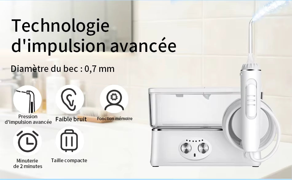Hydropulseur dentaire portable 570ML – Irrigateur buccal USB rechargeable, 6 modes, 5 embouts, nettoyage interdentaire haute pression