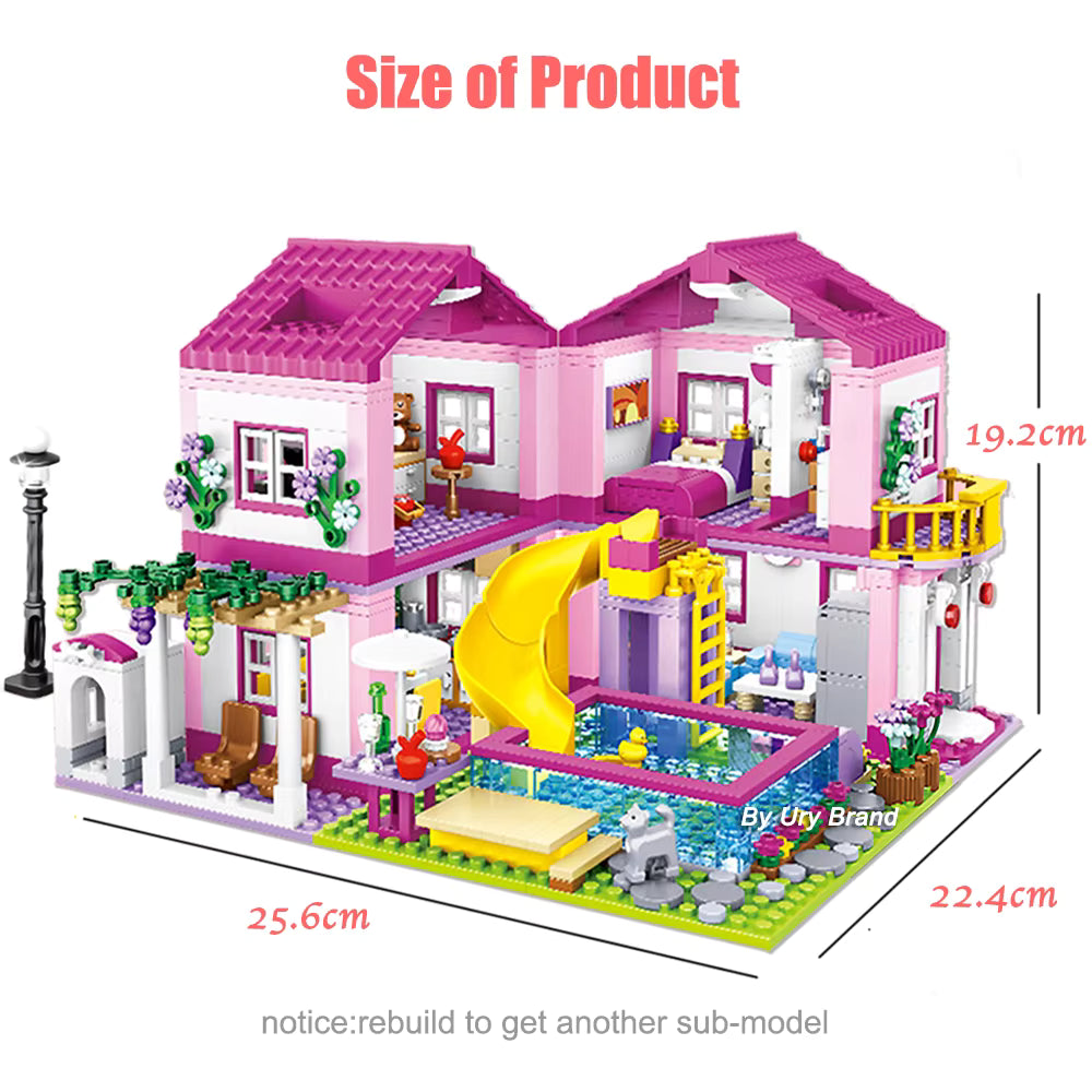 Villa Maison de Vacances en Blocs de Construction 1018 Pièces – Jeu Créatif Enfant avec Piscine et Toboggan – Cadeau Fille