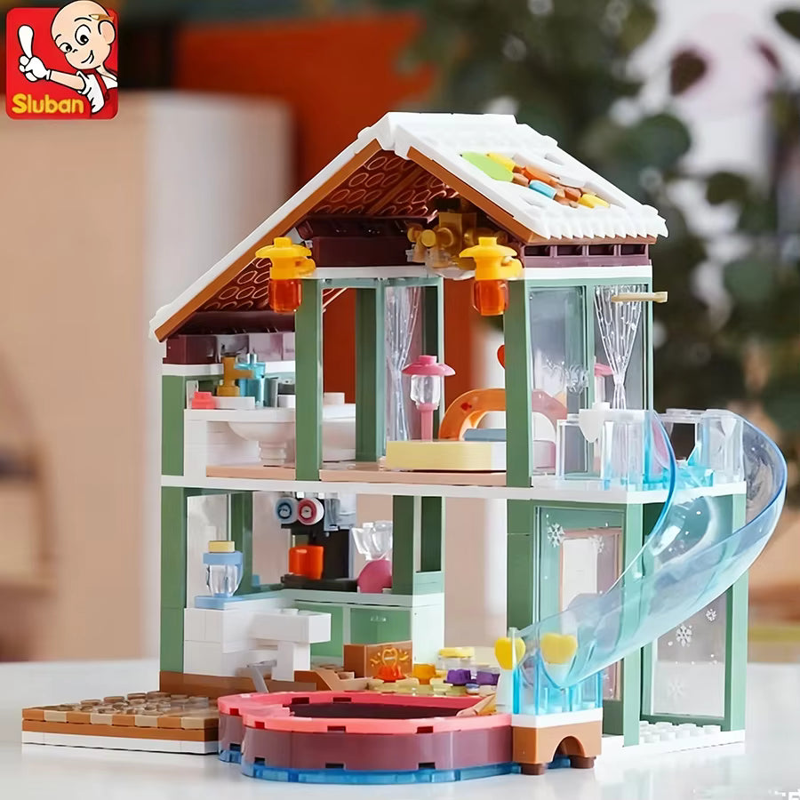 Maison Moderne avec Piscine Blocs de Construction – Villa avec Toboggan – Jeu Créatif Enfant – Cadeau Fille Garçon