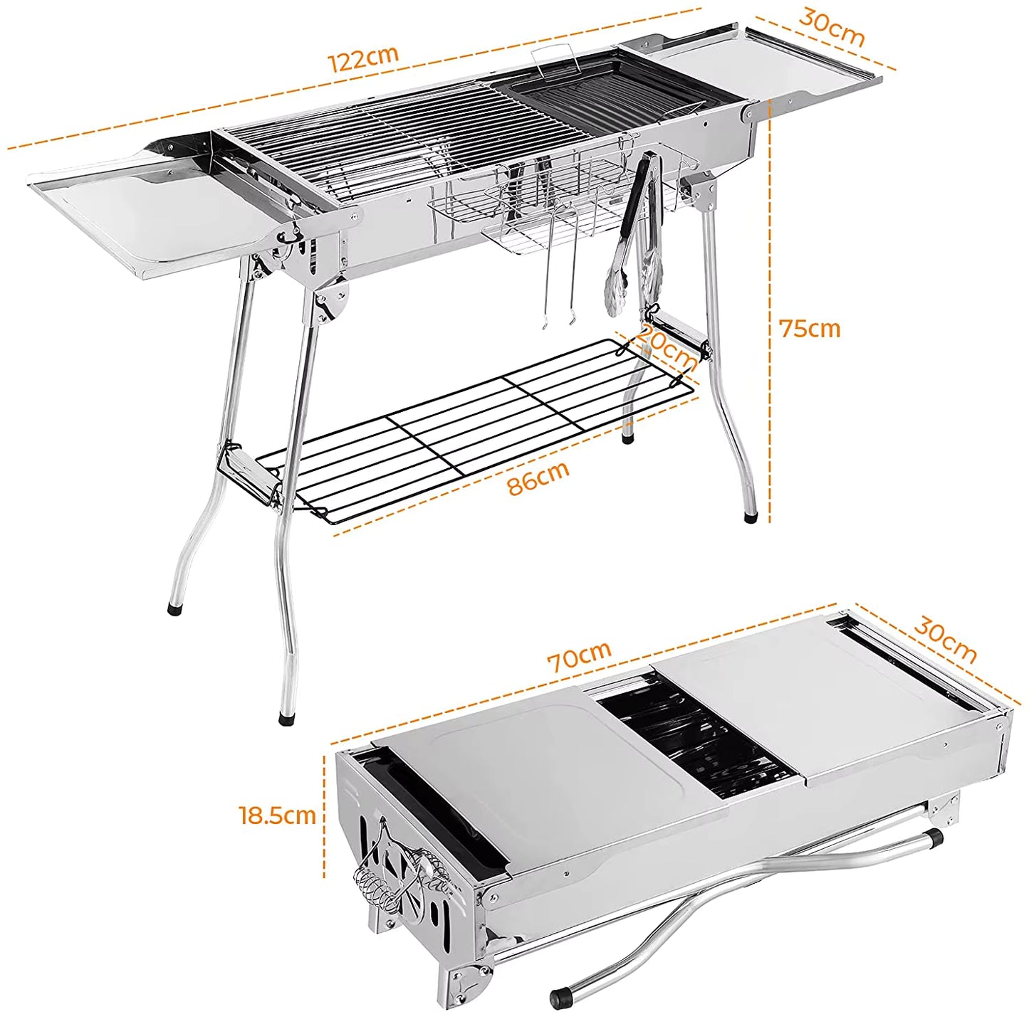 Grand Barbecue à Charbon Portable en Acier Inoxydable – Tablettes Latérales Pliantes | Jardin, Camping & Terrasse