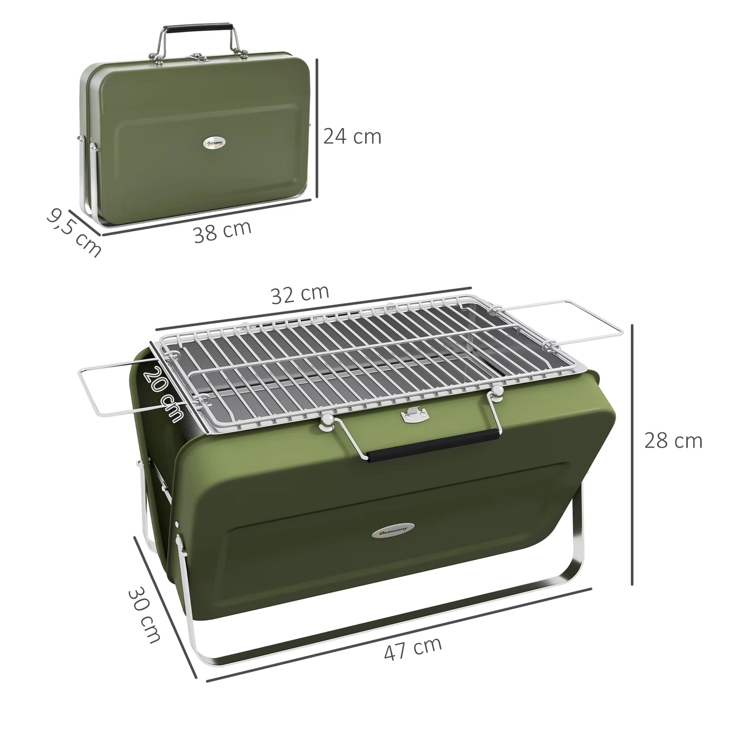 Barbecue à Charbon Portable Pliable – Grill Compact en Acier avec Poignée – Camping, Pique-Nique, Jardin, Terrasse – Vert