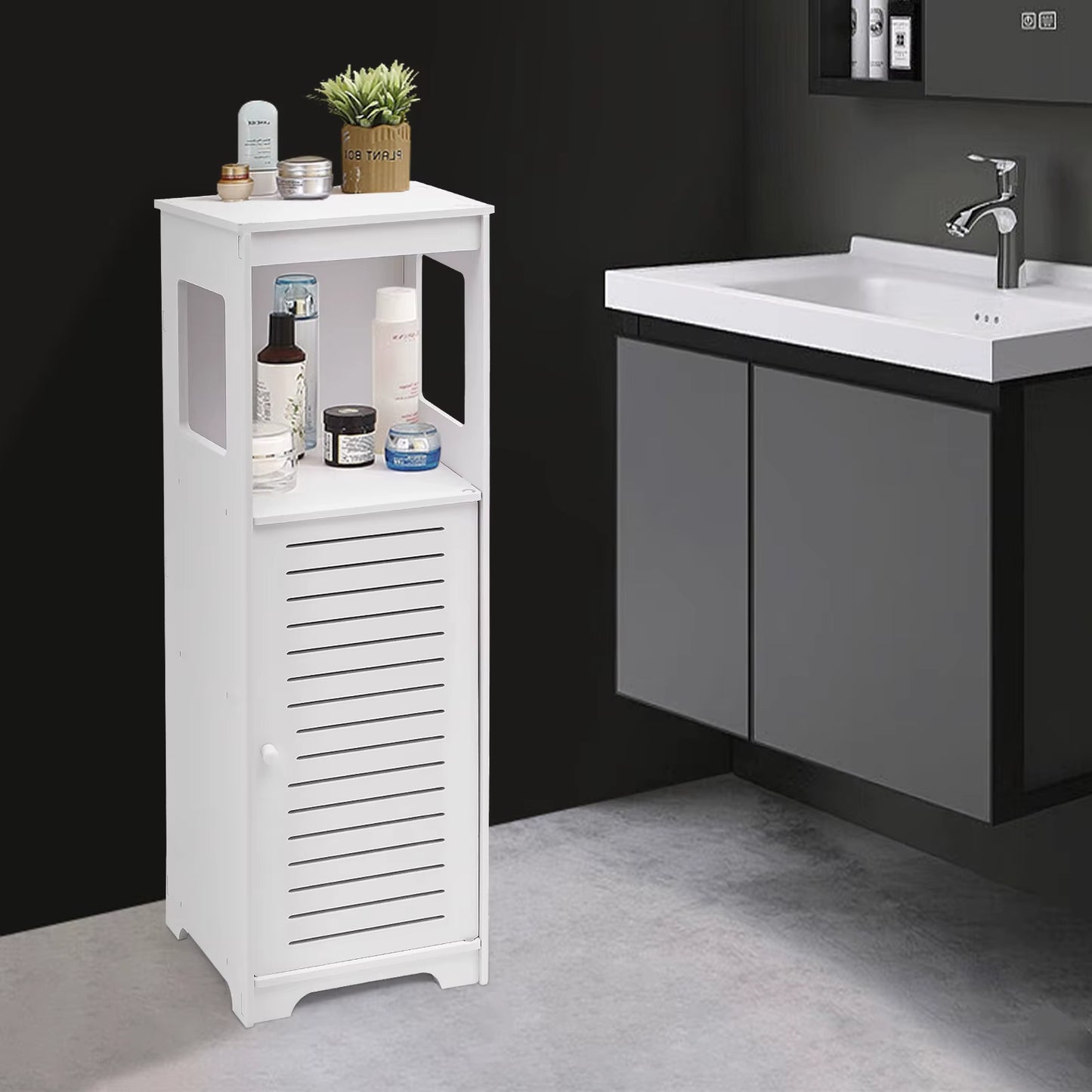 Armoire de Salle de Bain 4 Niveaux en PVC – Étagère de Rangement Étanche avec Porte Ventilée
