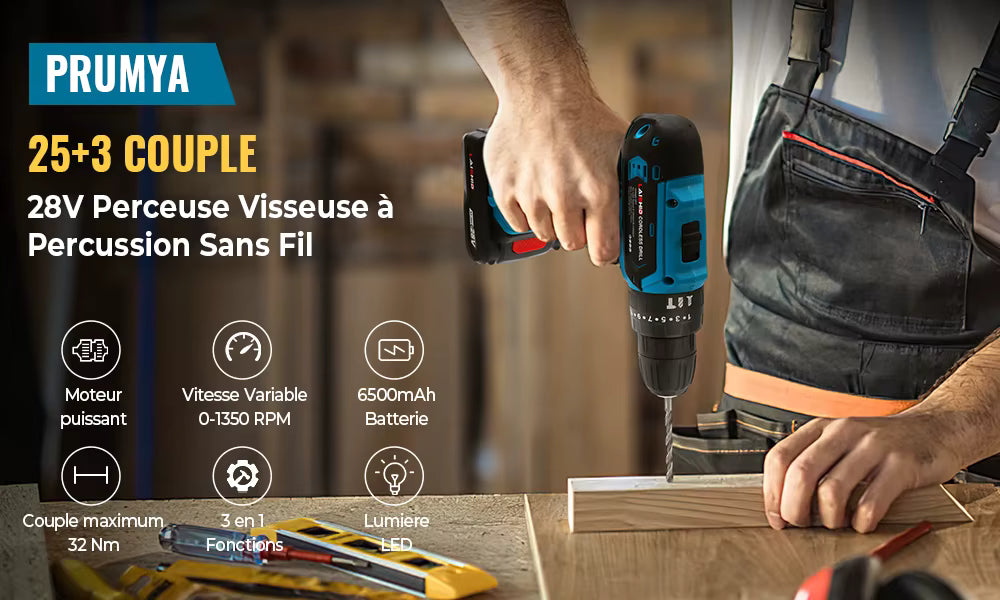 Perceuse Visseuse Sans Fil 21V avec 2 Batteries – Tournevis Électrique 2 Vitesses – Kit 24 Accessoires – Bricolage à Domicile