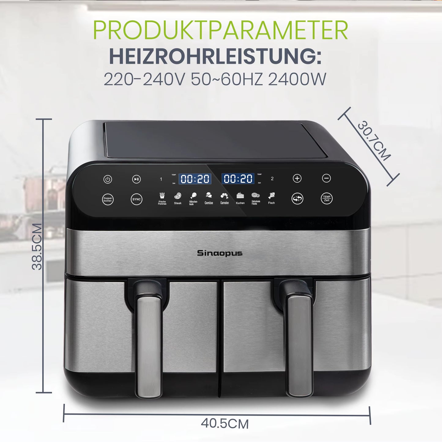 Friteuse à Air Chaud Double Panier 10L 2400W Écran Tactile LED Sans Huile XXL Cuisine Familiale Noir