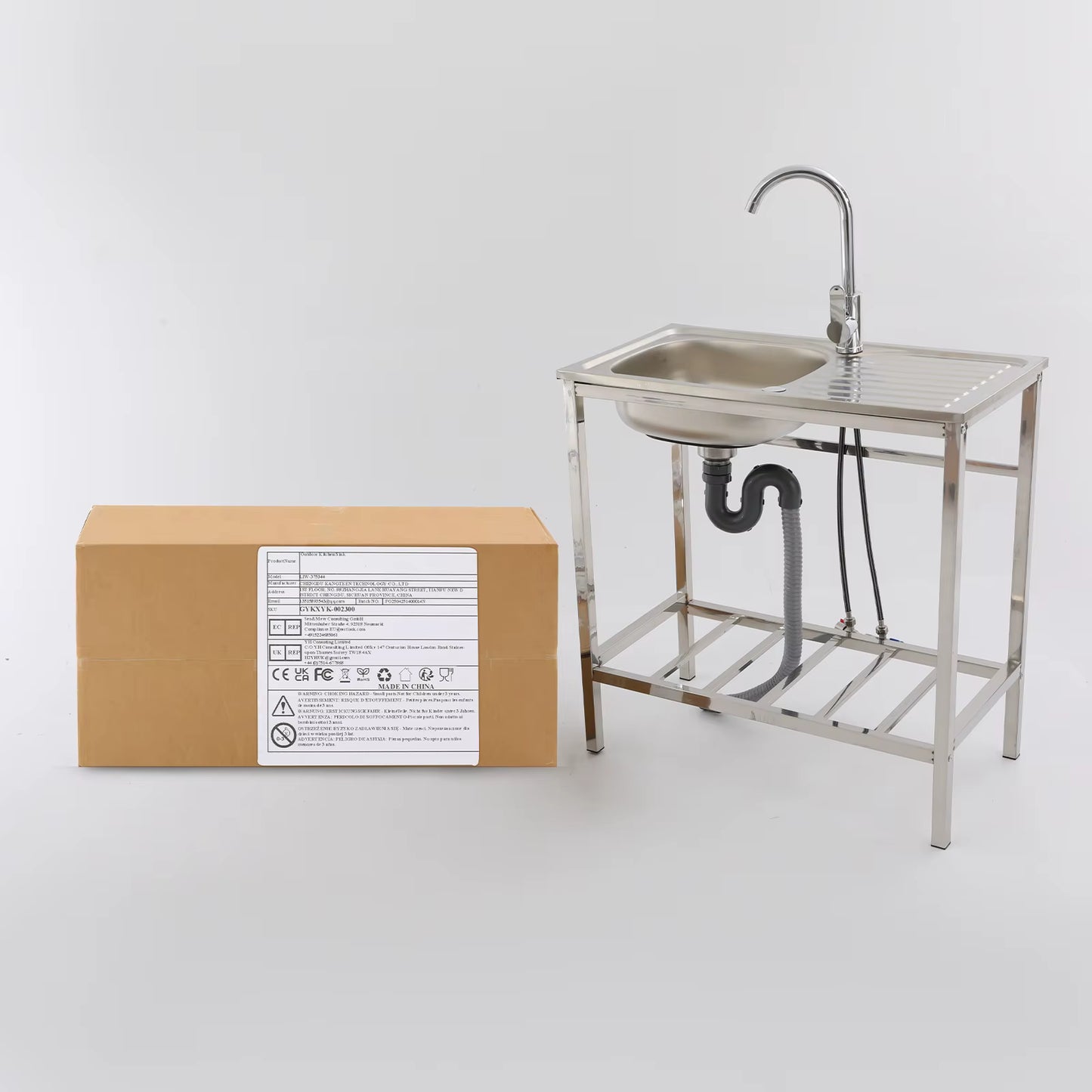 Évier de Cuisine Extérieur avec Support – Bac Inox 75x40x75 cm, Robinet 360°, Table de Travail avec Étagère, Évier Autonome pour Jardin, Camping ou Professionne