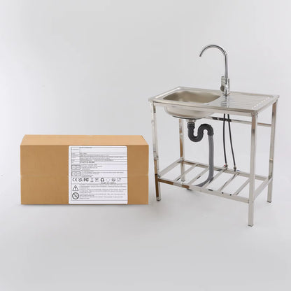 Évier de Cuisine Extérieur avec Support – Bac Inox 75x40x75 cm, Robinet 360°, Table de Travail avec Étagère, Évier Autonome pour Jardin, Camping ou Professionne