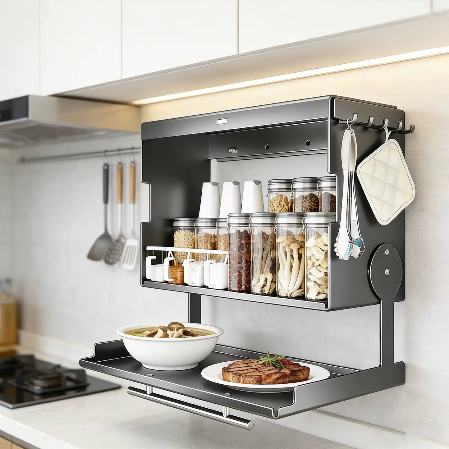Étagère à Épices Murale Coulissante 2 Niveaux avec Crochets | Organisateur de Cuisine en Acier Inoxydable pour Épices, Condiments et Ustensiles