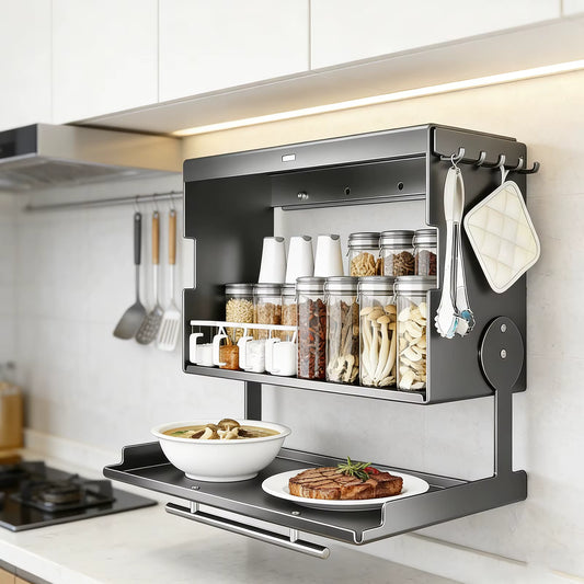 Étagère à Épices Murale Coulissante 2 Niveaux avec Crochets | Organisateur de Cuisine en Acier Inoxydable pour Épices, Condiments et Ustensiles