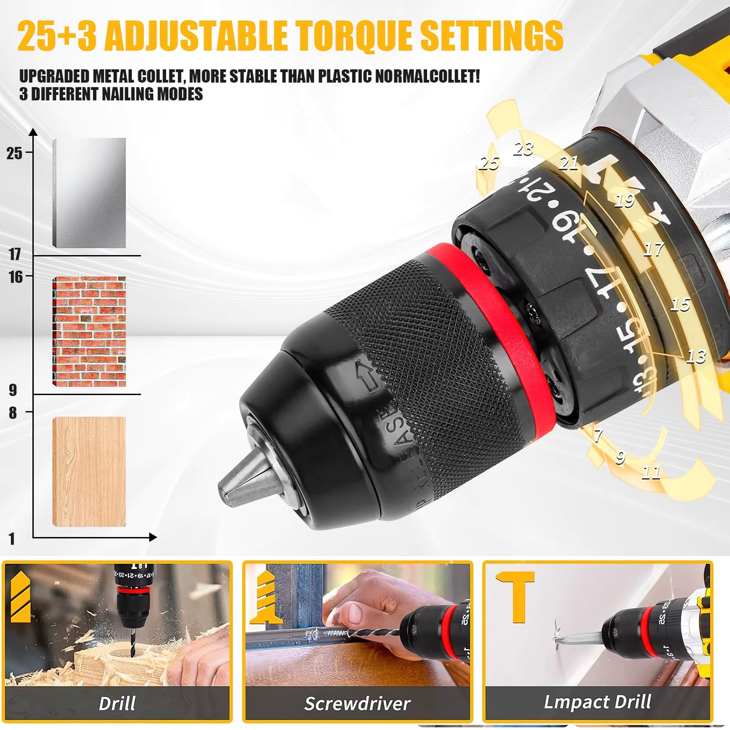Kit perceuse-visseuse sans fil 21 V – 45 Nm – Mandrin sans clé 3/8" – Embrayage 25+3 – Coffret 120 outils de bricolage