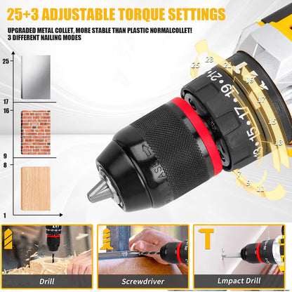 Kit de taladro atornillador inalámbrico de 21 V – 45 Nm – Portabrocas sin llave de 3/8" – Embrague 25+3 – Maletín de 120 herramientas de bricolaje