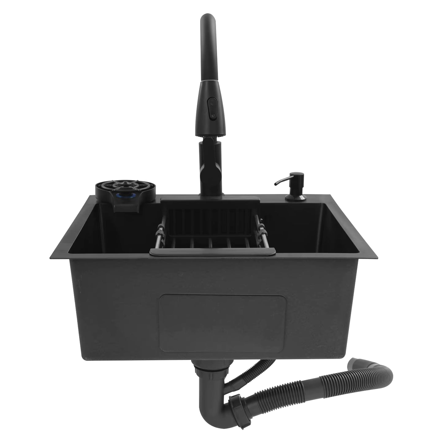 Évier de Cuisine Multifonction Noir 50x45 cm avec Robinet Rétractable – Bac Inox Simple Cuve avec Égouttoir et Distributeur de Savon