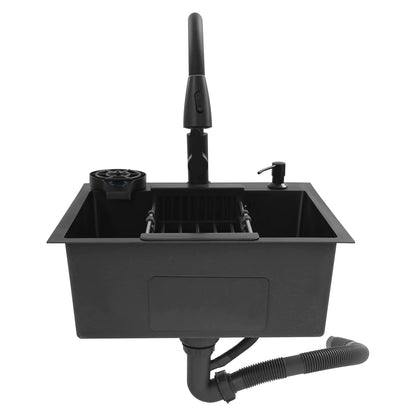 Évier de Cuisine Multifonction Noir 50x45 cm avec Robinet Rétractable – Bac Inox Simple Cuve avec Égouttoir et Distributeur de Savon