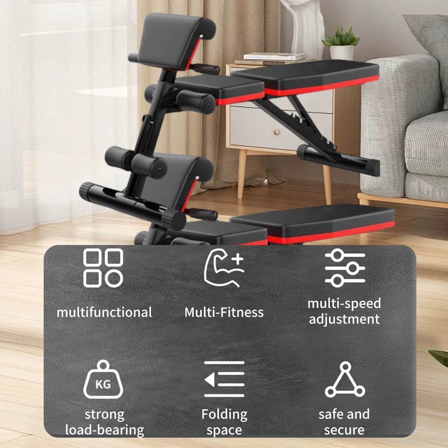 Banc de Musculation Multifonction 6-en-1 Pliable – Réglable – Développé Couché, Abdos & Haltères