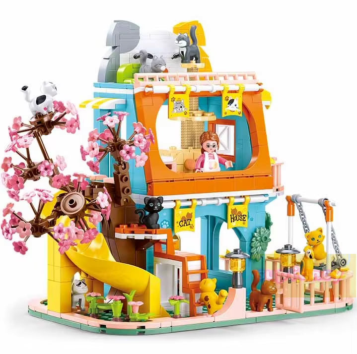Maison Animaux Blocs de Construction avec Arbre Sakura – Villa Chat Jouet Créatif – Jeu DIY Enfant – Cadeau Fille
