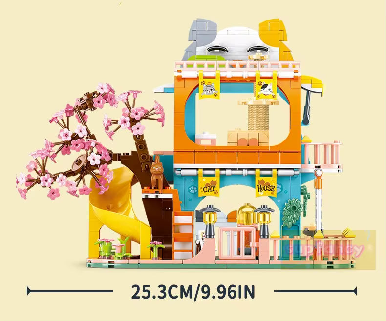 Maison Animaux Blocs de Construction avec Arbre Sakura – Villa Chat Jouet Créatif – Jeu DIY Enfant – Cadeau Fille