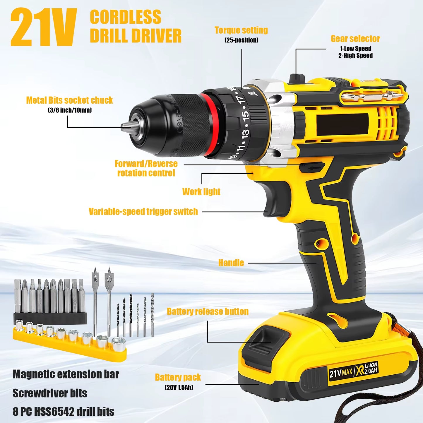 Kit perceuse-visseuse sans fil 21 V – 45 Nm – Mandrin sans clé 3/8" – Embrayage 25+3 – Coffret 120 outils de bricolage