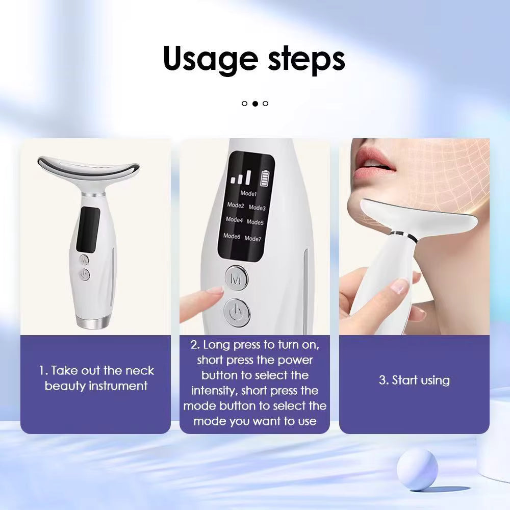 Masseur Facial et Cou LED 7 Couleurs – Appareil Anti-Rides Portable avec Vibrations et 3 Niveaux Réglables – Soin Raffermissant Visage et Cou