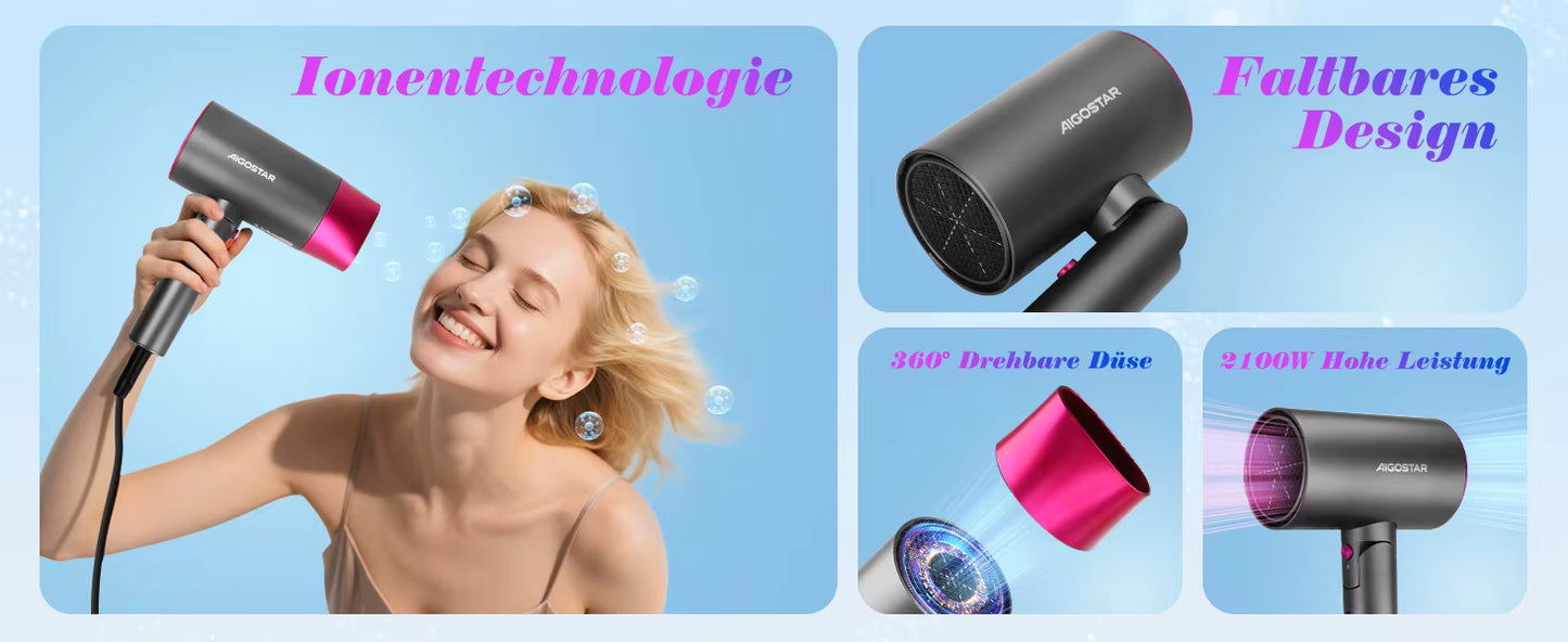 Sèche-cheveux Professionnel 1800W – 3 Températures, 2 Vitesses, Air Froid, Pliable, Léger, Idéal Voyage et Usage Quotidien