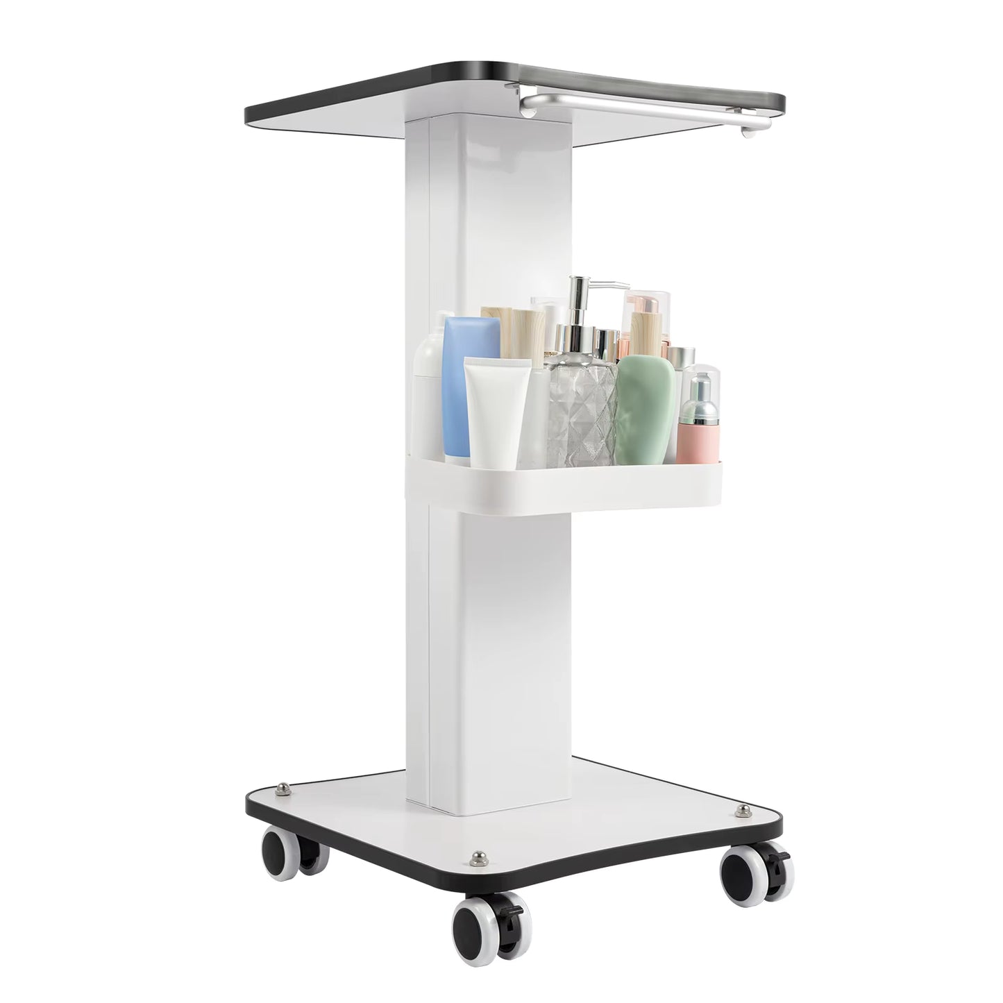 Chariot de Beauté Multifonction à Roulettes 360° – 4 Roues Verrouillables, Support Appareil Esthétique, Table Mobile Salon, Blanc
