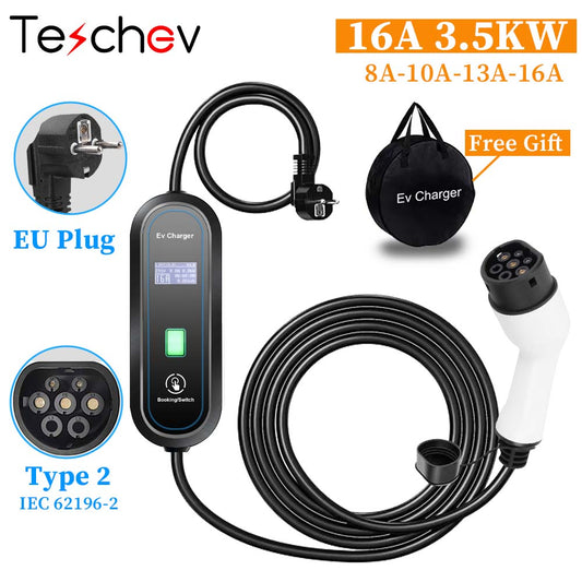 Chargeur Portable Voiture Électrique Type 2 3.5KW 16A – Câble Recharge EV IEC 62196-2 – Station de Charge Rapide EVSE pour Véhicules Électriques